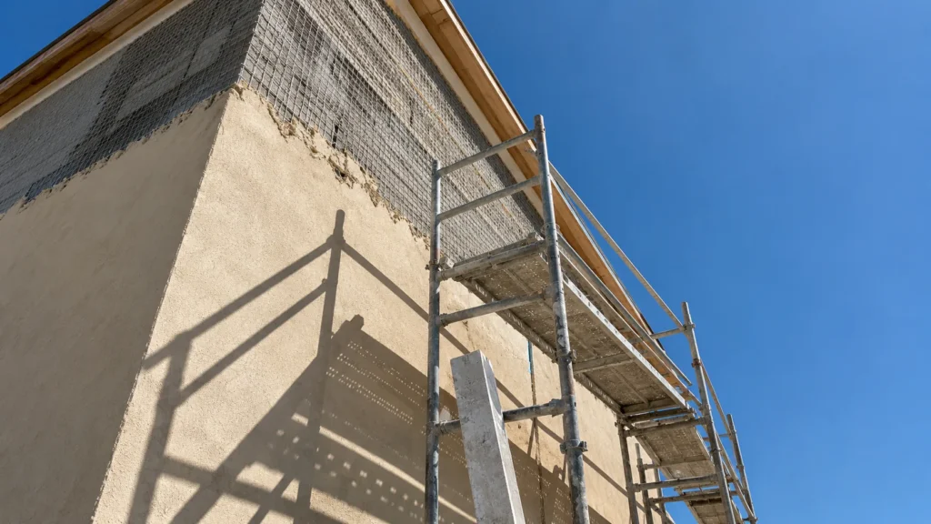 Looking up at the corner of a half-stuccoed building in hard California sun, with scaffold casting a sharp shadow across the finished wall