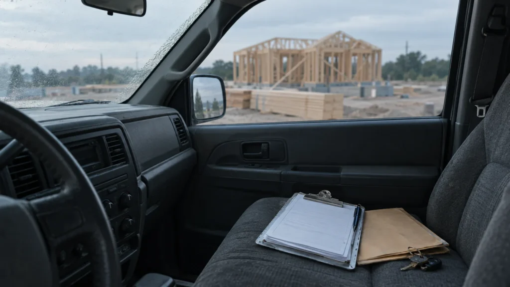 A clipboard of paperwork on the passenger seat of a work truck at dawn, with a timber-framed house under construction visible through the windscreen