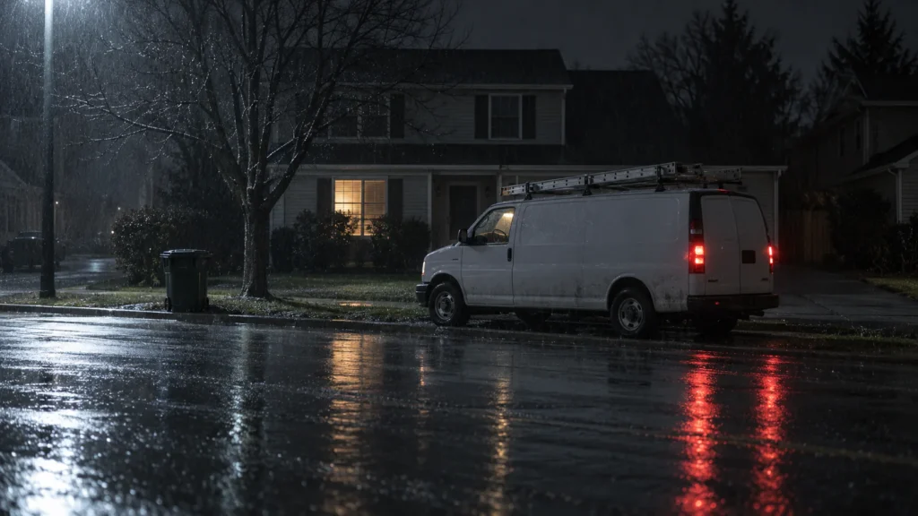 A contractor's work van parked outside a suburban house on a rainy night, tail lights reflecting on the wet street