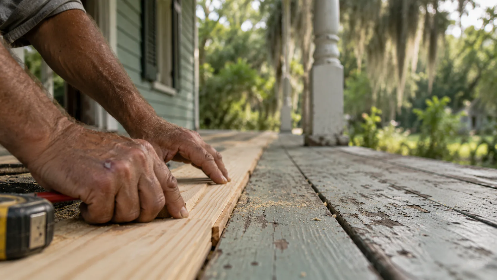 Close-up of a contractor's hands fitting a new pine board into the weathered porch decking of a raised Louisiana house.