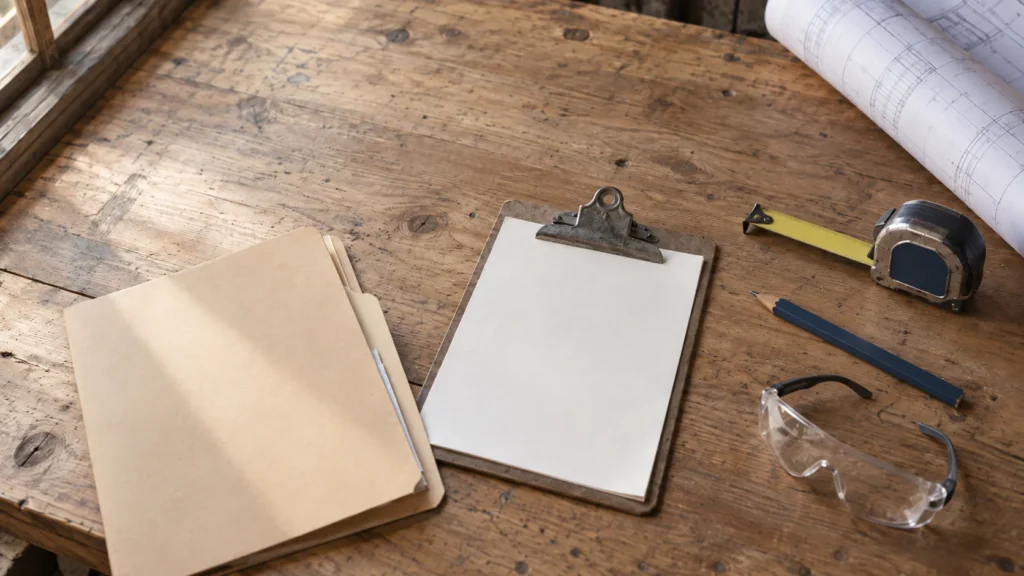 Contractor's workbench with a folder, clipboard, tape measure and rolled blueprints