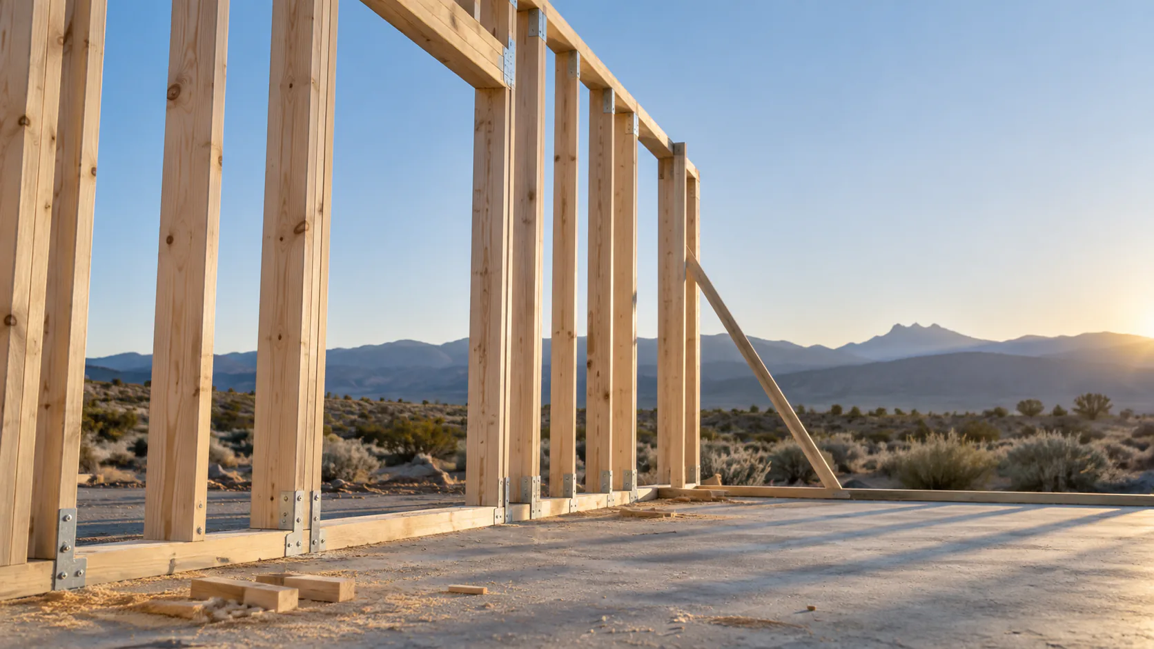 Timber wall framing on a concrete slab at a high desert building site, with mountains beyond
