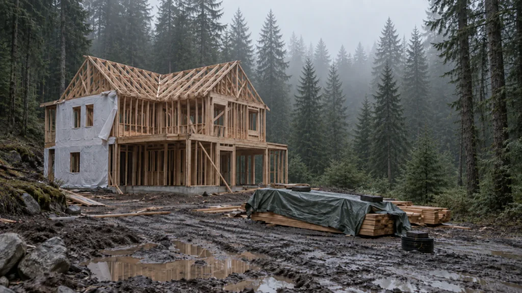 A timber-framed house at the framing stage on a misty morning at the edge of Pacific Northwest forest, with lumber stacked under a tarp on churned ground