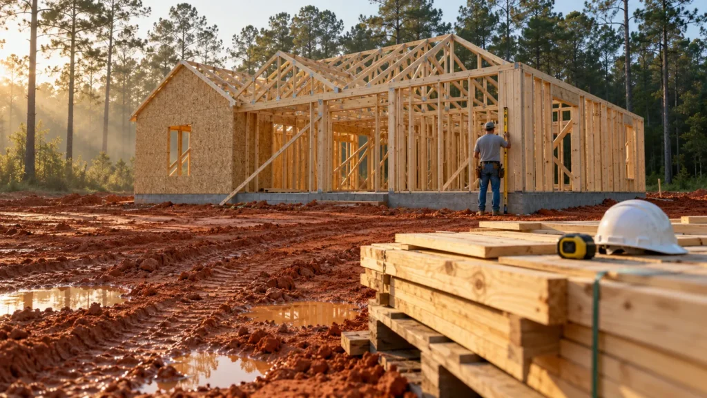 A timber-framed house under construction on red clay in Alabama, with a builder checking a corner post with a level