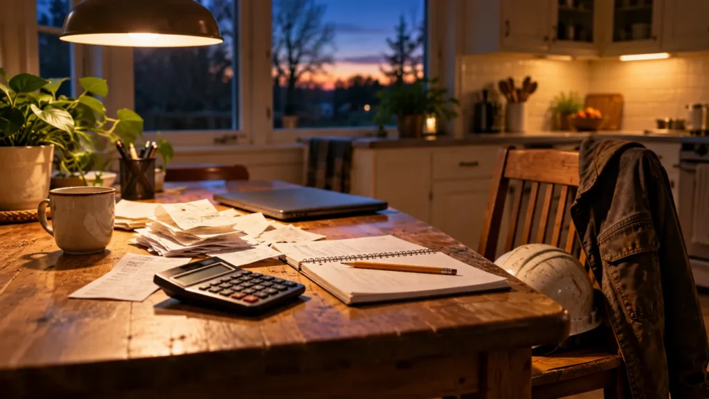 A kitchen table used as an office at dusk, with a calculator, receipts and an open notebook under a lamp, and a hard hat on the chair beside it