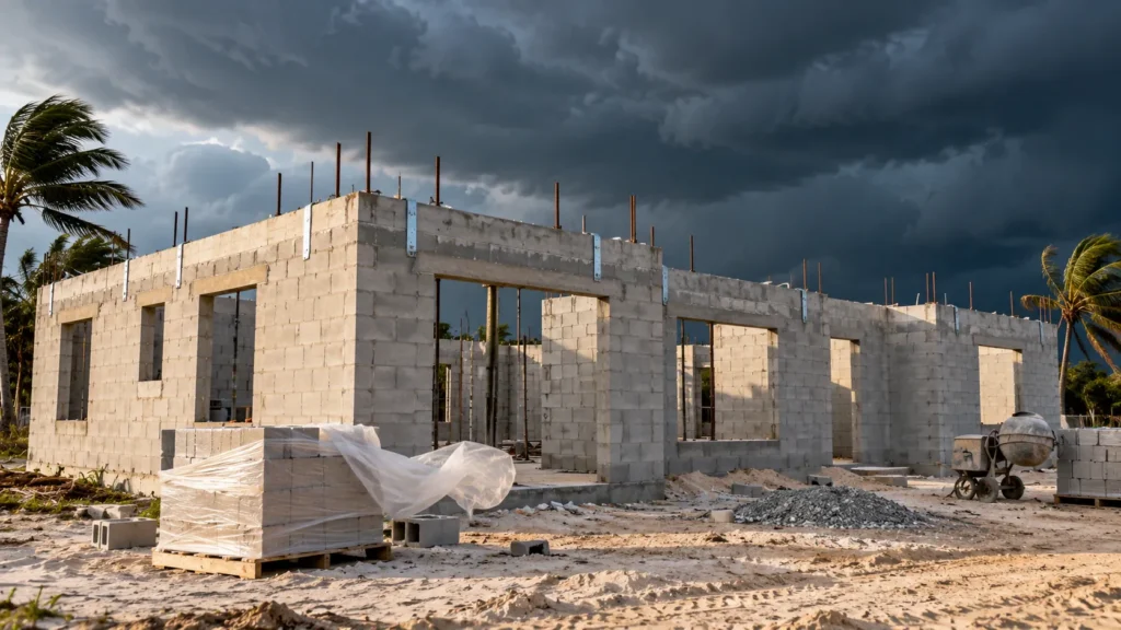 A concrete-block house shell with rebar rising from its bond beam, lit by low sun against a dark approaching storm, with palms bending in the wind