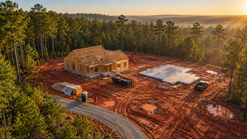 Aerial view at sunrise of a house being framed on red Georgia clay beside a poured slab, surrounded by pine forest, with long morning shadows across the site
