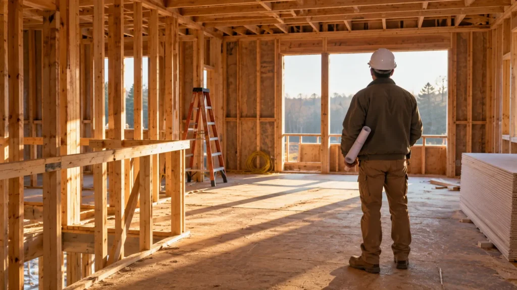 A general contractor seen from behind inside a framed house under construction, holding rolled plans and looking out through a window opening as daylight falls across the subfloor