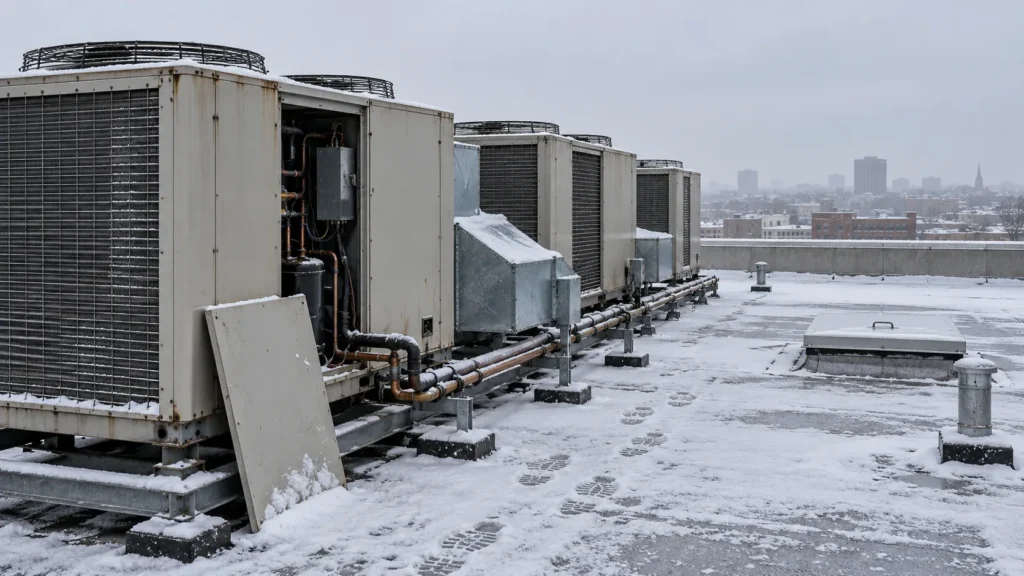 Commercial rooftop HVAC units on a snow-dusted roof in early winter, one with its service panel open, footprints leading to it, and a city skyline in haze beyond